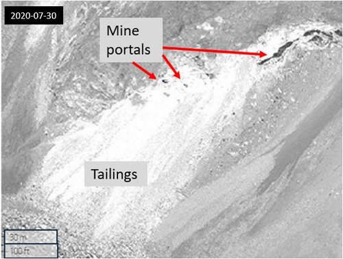 Figure 2.1: Example of mine tailings coming out of mine portals in the cliffs from 2020-07-30 (36.21113, 70.80256) Maxar