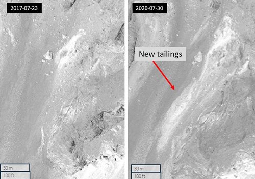 Figure 2.3 Example of mine tailings forming between 2017-07-23 and 2020-07-30 (36.21199, 70.80153) - Maxar