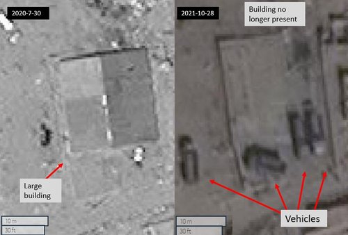 Figure 2.10: Large metal roofed building removed between 2020-07-30 and 2021-10-28. Several large trucks are parked at the site on 2021-10-28 (36.208, 70.791) Maxar