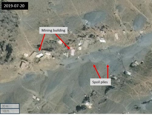Figure 3.2 Example of mining area with mine buildings and spoil piles. 2019-07-20 (35.42239, 69.78672) Maxar