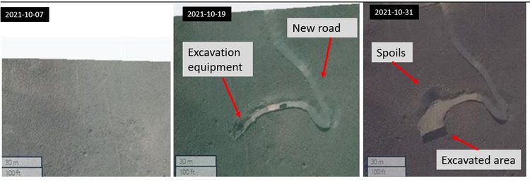 Figure 3.9: Unusual road construction and digging activity on 2021-10-07, 2021-10-19, and 2021-10-31 (35.36949, 69.6513) Maxar