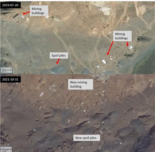 Figure 3.4: A dramatic increase in mining buildings and spoil piles at Site A from 2019-07-20 to 2021-10-31 ((35.424, 69.787) Maxar