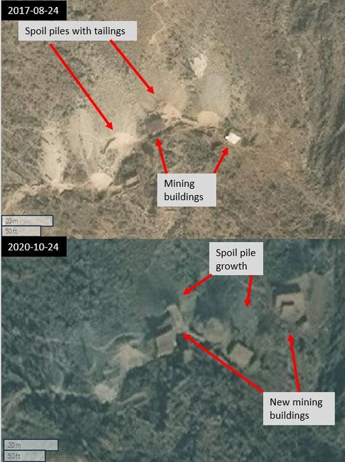 Figure 4.1 New buildings and growing spoil piles at the North mine between 2017-08-24 and 2020-10-24 (34.953, 70.81973) Maxar