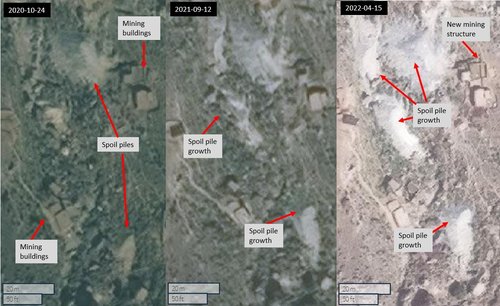 Figure 4.5: Spoil piles increased in size at the South Mine from 2020-10-24 to 2021-09-12 to 2022-04-15. New mining infrastructure was also built (34.95126, 70.81862) Maxar