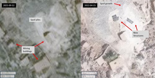 Figure 4.6: Growing spoil piles and new structures that may be solar panels at an area of the South mine from 2021-09-12 to 2022-04-15 (34.95174, 70.81861) Maxar