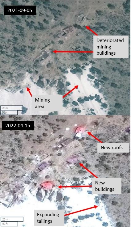 Figure 5.10: New buildings, restored roofs, and expanding mine tailings at the Kolum site from 2021-09-08 and 2022-04-15 (35.20817, 70.34932) Maxar