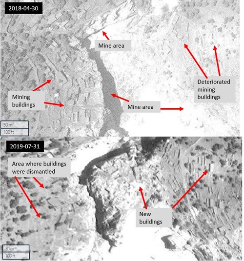Figure 5.1: The main mining area at Mawi showing many buildings being dismantled and a few new ones built between 2018-04-30 and 2019-07-31 (35.20357, 70.33518) Maxar