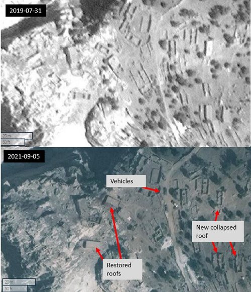 Figure 5.3: Between 2019-07-31 and 2021-09-05 several buildings roofs were restored while some other building's roofs collapsed, there are also now several vehicles in imagery (35.20403, 70.33578) Maxar