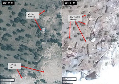 Figure 5.7: Over a dozen new buildings erected at the Mawi site between 2021-09-05 and 2022-04-15 (35.20318, 70.3341) Maxar