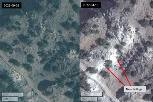 Figure 5.9: New mining activity and tailings between 2021-09-05 and 2022-04-15 (35.19968, 70.33673) Maxar