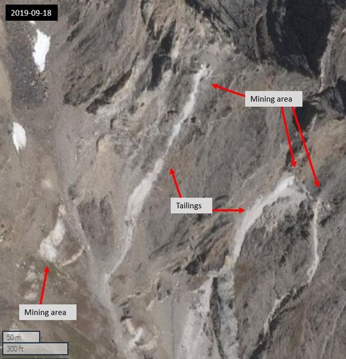 Figure 6.1: Example of mines and tailings in the Paprok area from 2019-09-18 (35.62328, 71.15916) Maxar