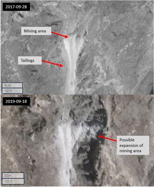 Figure 6.2: Mine with tailings, showing possible expansion of mine, but may be an artifact of steep terrain and camera angles, from 2017-09-28 and 2019-09-18 (35.63577, 71.17266) Maxar