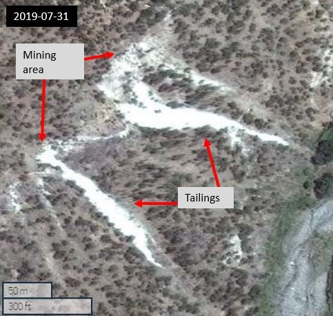 Figure 7.1: Mining areas and tailings from the Nilaw mines 2019-07-31 (35.23687, 70.28804) Maxar