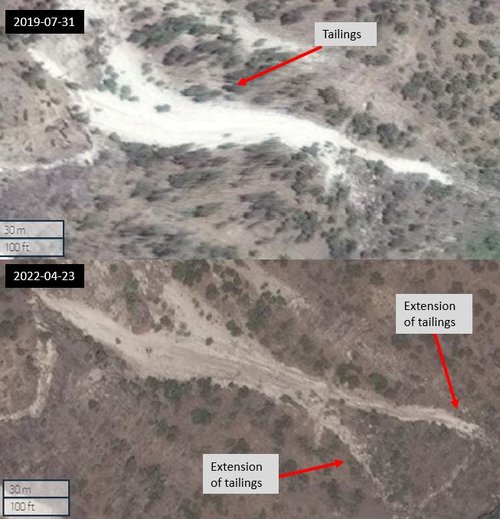 Figure 7.3: Tailings became longer between 2019-07-31 and 2022-04-23 but it may just be due to erosion rather than mining (35.23859, 70.29211) Maxar