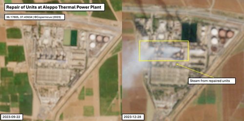 Satellite imagery showing repairs at the Aleppo Thermal Power Plant. Steam is visible from the stacks.