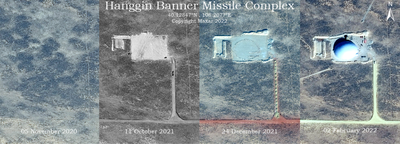 Various silo construction stages at Hanggin Banner. Copyright Maxar 2020, 2021, 2022