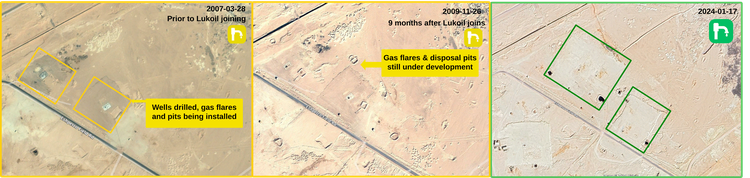 Figure 5.1.5: Wells in the WEEM extension before and after Lukoil gained a stake in the WEEM extension, imagery at indicated dates from Google Earth.