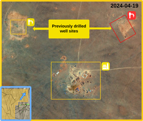 Figure 4.1.2: Well development in northwestern Area 82-4 in 2024.  Copyright © Maxar 2024. The most recent imagery indicates a possible appraisal process.