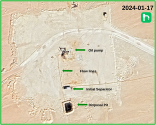 Figure 5.1.2: Active well site in central WEEM in 2024, with labeled infrastructure components. Image from Google Earth.