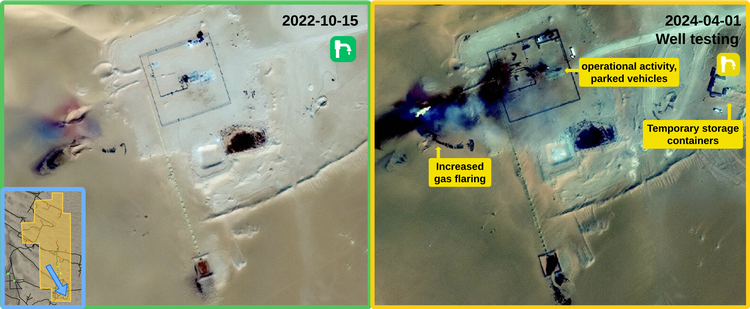 Figure 3.1.6: Developing well site in southern El-Assel in 2024 showing signs of well testing. Copyright © Maxar 2024.