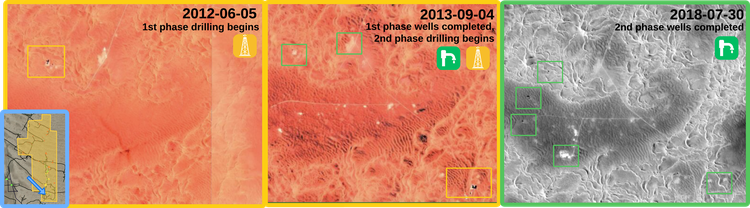 Figure 3.1.5: One example of development in southern El-Assel showing the first phase of drilling (2010-2012, 2013-2016). Copyright © Maxar 2009, 2010, 2012, 2013, 2018, 2024.