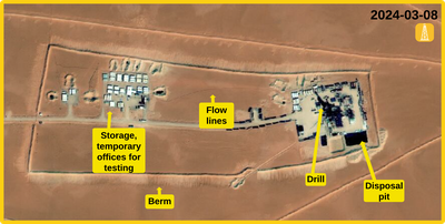 Figure 3.1.7: Drilling site in southern El-Assel in 2024 with annotated infrastructure components. Copyright © Maxar 2024.
