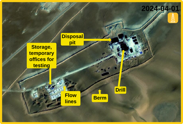 Figure 3.1.8: Another drilling site in southern El-Assel in 2024 with annotated infrastructure components. Copyright © Maxar 2024.