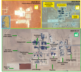 Figure 3.1.9: Central Oil & Gas Processing Facility at El-Assel since 2010.  1) The first evidence of development in the area in 2010. 2) Facility contains all necessary processing infrastructure in 2012 that remains to present. 3) The facility as of Janu