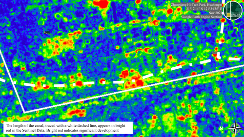 Figure 14.2: This is a snapshot of Google Earth Engine Sentinel Data showing significant development along the canal bordering Huahongxi Industrial Park. The dashed white line traces the length of the canal.