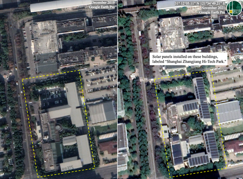 Figure 17: Solar panels installed on a series of buildings, labeled “Shanghai Zhangjiang Hi-Tech Park” on open source data maps.