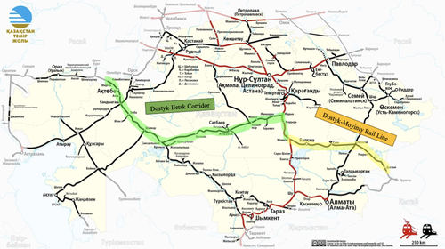 KTZ rail network map with the Dostyk-Moyinty Rail Line and Dostyk-Iletsk Corridor marked