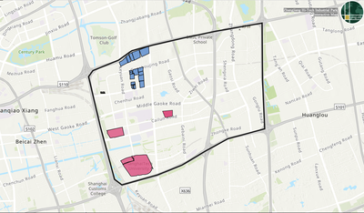 Figure 2: A GIS map of the Zhangjiang Hi-Tech Park with collected data of buildings and clusters geocoded and color coded to represent varying industries. To explore the interactive map, click on the hyperlink above.