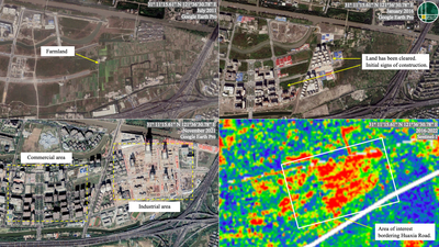 Figure 3: Clearing of land and development in Zhangjiang Park, in both commercial and Sentinel imagery.