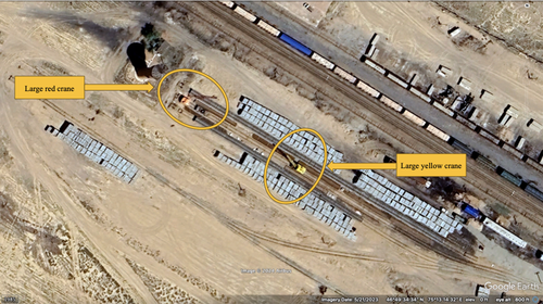 Close up of the Orta Deresin supply depot site showing the concrete ties and construction machinery in more detail. Notice the large yellow and red cranes near the concrete tie stacks. Coordinates  46°49'29.94