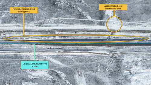 Track construction in progress on 3 January 2024. Note the line of sand heaps to the north of the existing track, robust roadway above them, and regular access routes to the leveled ground above the track. Imagery via Maxar. Coordinates: 46.834