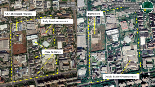 Figure 6.1: Satellite imagery of the smaller industrial park bordering Guoshoujing Road (2017-2021).