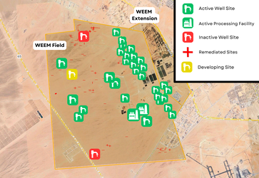 Figure 5.1.1: Overview of well and processing facility activity levels at WEEM as of February 2024. Remediated sites are sites previously active, but unidentifiable due to full covering of the area. Base map: Google Earth, January 2024.