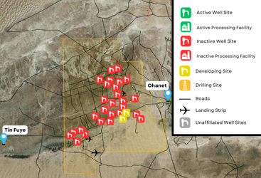 Figure 3.2.1: Overview of well site activity levels as of February 2024 in the Block 245-South contract area. Base map: Landsat-8, April 2024.