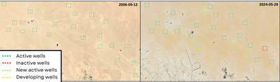 Figure 4.2.5: Example of 20 well sites before and after Gazprom joined the As-Sarah project, in 206 and 2024. Of the 20 active well sites that were operational in 2006, one was decommissioned and one is under development by May 2024. By 2024, 5 new wells