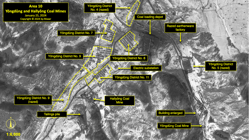 A satellite image of Yŏngdŭng and Hallyŏng Coal Mines in North Korea's political prison camp (kwan-li-so) No. 18