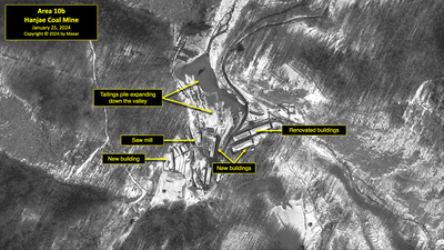 A satellite image of the Hanjae Coal Mine in North Korea's political prison camp (kwan-li-so) No. 18