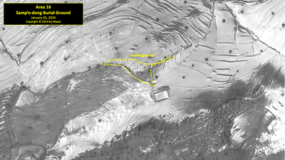 A satellite image of the Samp'o-dong burial ground in North Korea's political prison camp (kwan-li-so) No. 18