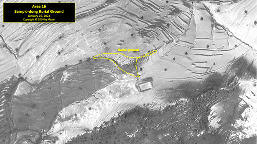 A satellite image of the Samp'o-dong burial ground in North Korea's political prison camp (kwan-li-so) No. 18