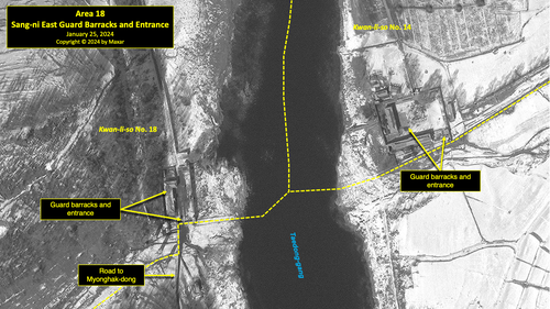 A satellite image of the Sang-ni East Guard Barracks and Entrance in North Korea's political prison camp (kwan-li-so) No. 18