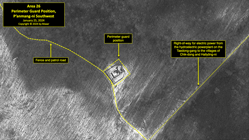 A satellite image of a perimeter guard position near P'anmang-ni in North Korea's political prison camp (kwan-li-so) No. 18