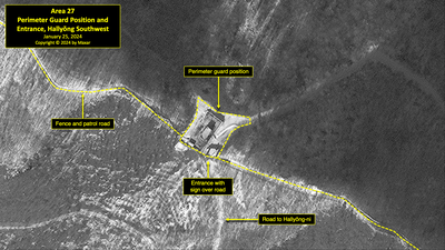 A satellite image of a perimeter guard position and entrance near Hallyŏng-ni in North Korea's political prison camp (kwan-li-so) No. 18