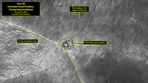 A satellite image of a perimeter guard position southwest of P'yong-dong in North Korea's political prison camp (kwan-li-so) No. 18