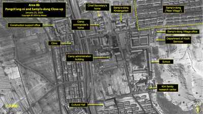 A close-up satellite image of the Pongch'ang-ni and Samp'o-dong area of North Korea's political prison camp (kwan-li-so) No. 18