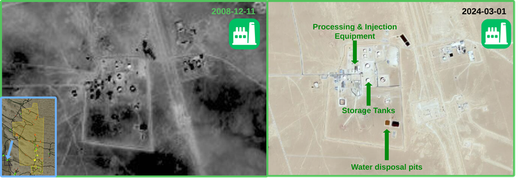 Figure 3.1.6: Second processing facility in Southern El-Assel handling water injection and additional processing in 2008 and 2024, imagery at indicated dates. Copyright © Maxar.