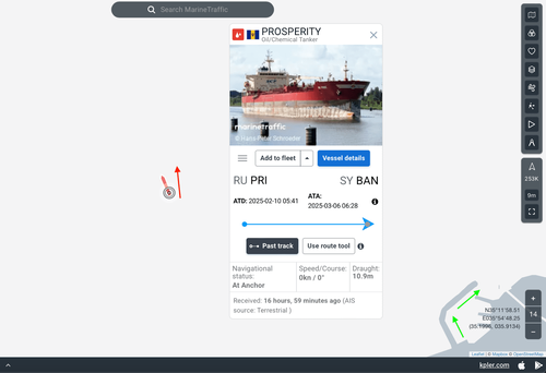 A screenshot of AIS data showing the Prosperity near Baniyas